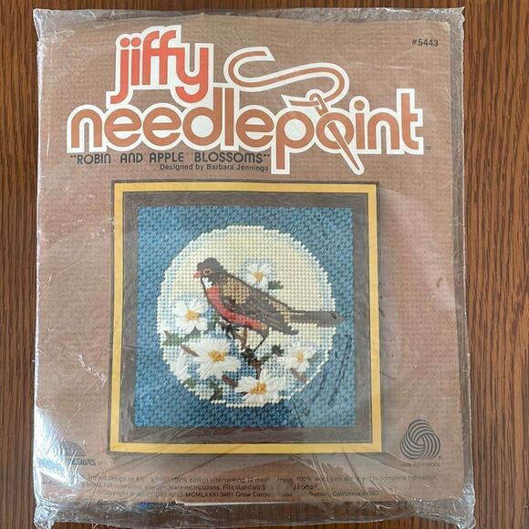 Vtg new in packaging 1981 Jiffy Needlepoint “Robin and Apple Blossoms” kit - Picture 1 of 6